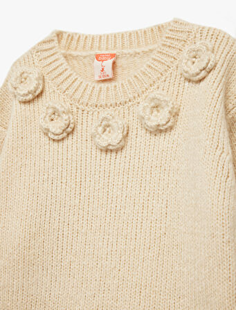 Aplike Gül Detaylı Uzun Kollu Bisiklet Yaka Triko Kazak