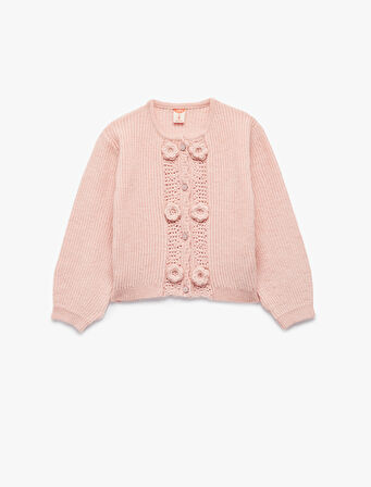 Aplike Gül Detaylı Uzun Kollu Bisiklet Yaka Düğmeli Triko Hırka