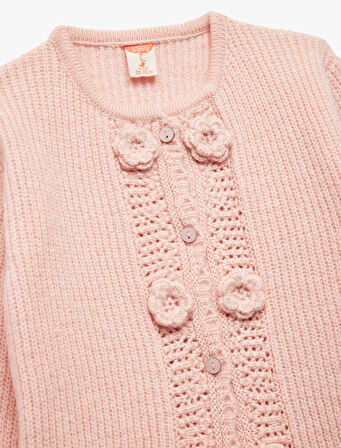 Aplike Gül Detaylı Uzun Kollu Bisiklet Yaka Düğmeli Triko Hırka