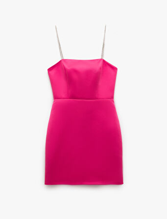 Saten Straplez Yaka Taş Askılı Bodycon Mini Elbise