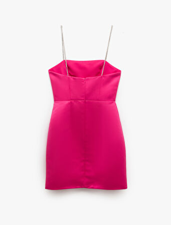Saten Straplez Yaka Taş Askılı Bodycon Mini Elbise