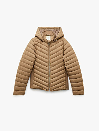 Uzun Kollu Cepli Fermuarlı Su İtici Kapüşonlu Şişme Mont