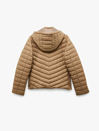 Uzun Kollu Cepli Fermuarlı Su İtici Kapüşonlu Şişme Mont