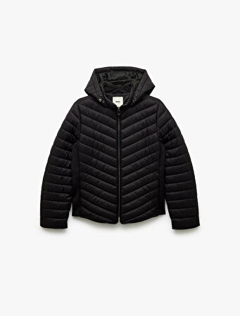 Uzun Kollu Cepli Fermuarlı Su İtici Kapüşonlu Şişme Mont