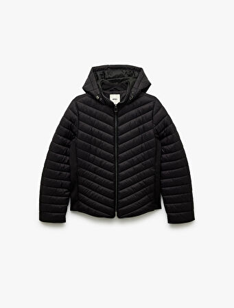 Uzun Kollu Cepli Fermuarlı Su İtici Kapüşonlu Şişme Mont