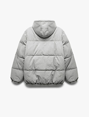 Uzun Kollu Cep Detaylı Fermuarlı Kapşonlu Kışlık Şişme Mont