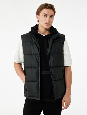Fermuarlı Cep Detaylı Slim Fit Dik Yaka Şişme Yelek