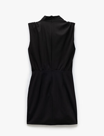 Drape Detaylı Kolsuz Degaje Yaka Kruvaze Mini Elbise