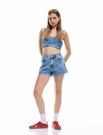 Normal Bel Taş Detaylı Pamuklu Mini Denim Şort
