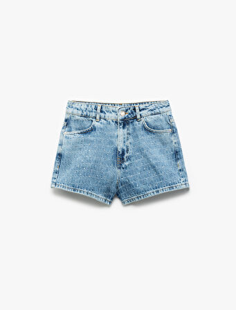 Normal Bel Taş Detaylı Pamuklu Mini Denim Şort