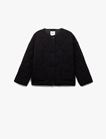 Çıt Çıt Düğme Kapamalı Cepli Uzun Kollu Bisiklet Yaka Kapitone Mevsimlik Ceket