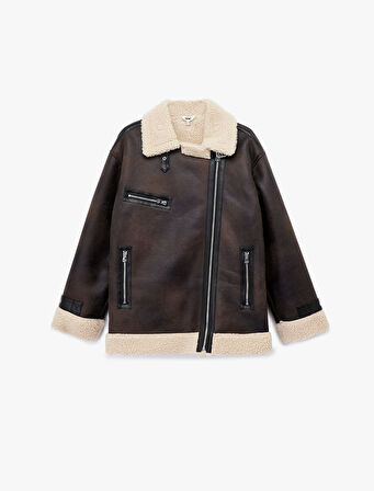 Peluş Yaka Astarlı Uzun Kollu Cepli Fermuarlı Deri Görünümlü Ceket