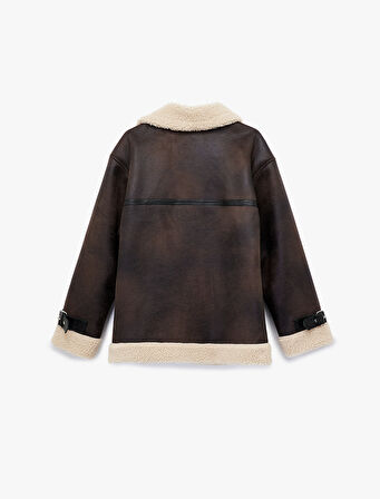 Peluş Yaka Astarlı Uzun Kollu Cepli Fermuarlı Deri Görünümlü Ceket