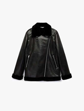 İçi Peluş Astarlı Uzun Kollu Fermuarlı Uzun Suni Deri Biker Ceket