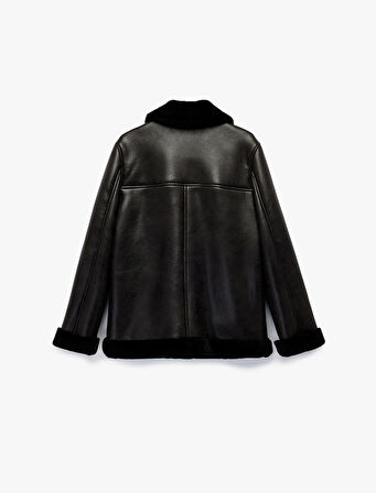 İçi Peluş Astarlı Uzun Kollu Fermuarlı Uzun Suni Deri Biker Ceket
