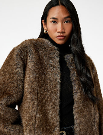 Uzun Kollu Bisiklet Yaka Crop Suni Kürk Mont