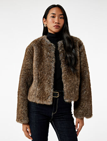 Uzun Kollu Bisiklet Yaka Crop Suni Kürk Mont