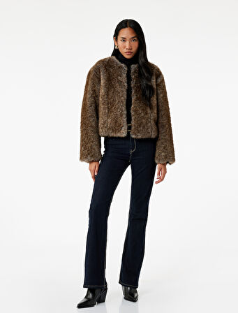 Uzun Kollu Bisiklet Yaka Crop Suni Kürk Mont