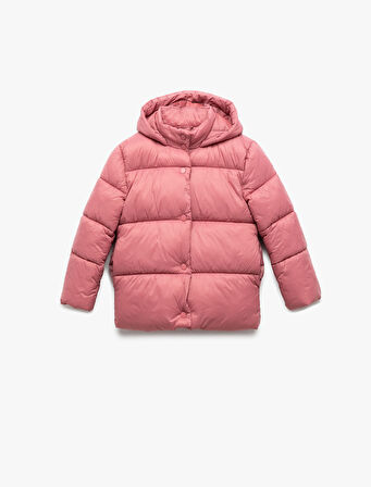 Uzun Kollu Çıtçıt Kapamalı Kapşonlu Şişme Mont