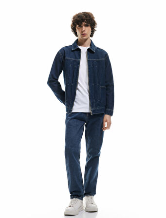 Fermuarlı Pamuklu Cepli Dikiş Detaylı Gömlek Yaka Denim Ceket