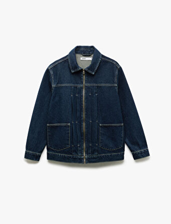 Fermuarlı Pamuklu Cepli Dikiş Detaylı Gömlek Yaka Denim Ceket
