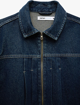 Fermuarlı Pamuklu Cepli Dikiş Detaylı Gömlek Yaka Denim Ceket