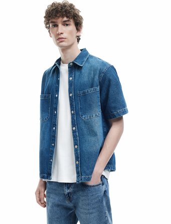Pamuklu Cepli Kısa Kollu Oversize Denim Gömlek Ceket