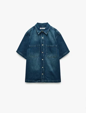 Pamuklu Cepli Kısa Kollu Oversize Denim Gömlek Ceket
