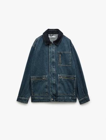 Pamuklu Oversize Uzun Kollu Fermuar Detaylı Denim Ceket