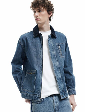 Pamuklu Oversize Uzun Kollu Fermuar Detaylı Denim Ceket