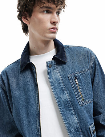 Pamuklu Oversize Uzun Kollu Fermuar Detaylı Denim Ceket