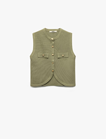 Aplike Detaylı Bisiklet Yaka Kolsuz Triko Yelek