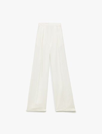 Beli Lastikli Cepli Keten Karışımlı Yüksek Bel Geniş Paça Pantolon