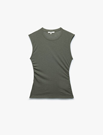 Slim Fit Drapeli Bisiklet Yaka Kolsuz Bluz