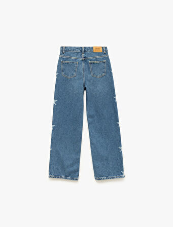 Pamuklu Yıldız Baskılı Geniş Paça Jean Pantolon