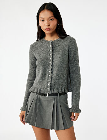 Fırfır Detaylı Uzun Kollu Bisiklet Yaka Düğmeli Triko Hırka