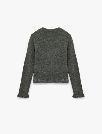 Fırfır Detaylı Uzun Kollu Bisiklet Yaka Düğmeli Triko Hırka