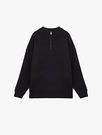 Uzun Kollu Dokulu Yarım Fermuarlı Yaka Triko Kazak