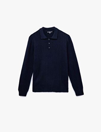 Uzun Kollu Düğmeli Polo Yaka Triko Kazak