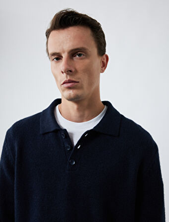 Uzun Kollu Düğmeli Polo Yaka Triko Kazak