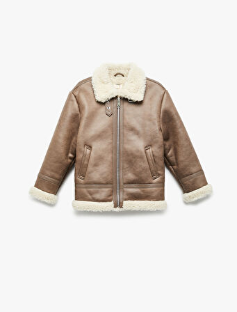 Peluş Yaka Uzun Kollu Cepli Fermuarlı Suni Deri Ceket