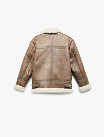 Peluş Yaka Uzun Kollu Cepli Fermuarlı Suni Deri Ceket