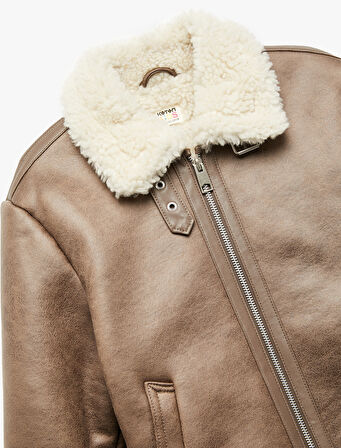 Peluş Yaka Uzun Kollu Cepli Fermuarlı Suni Deri Ceket