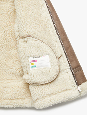 Peluş Yaka Uzun Kollu Cepli Fermuarlı Suni Deri Ceket