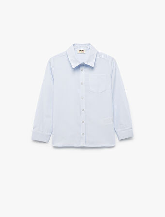 Uzun Kollu Klasik Yaka Cep Detaylı Çizgili Okul Gömleği