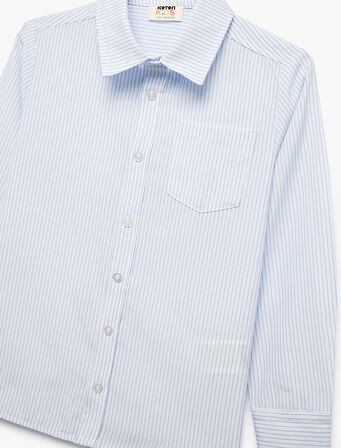 Uzun Kollu Klasik Yaka Cep Detaylı Çizgili Gömlek