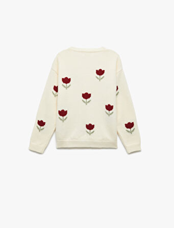 Çiçek Desenli Uzun Kollu Bisiklet Yaka Triko Kazak