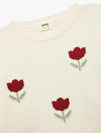 Çiçek Desenli Uzun Kollu Bisiklet Yaka Triko Kazak