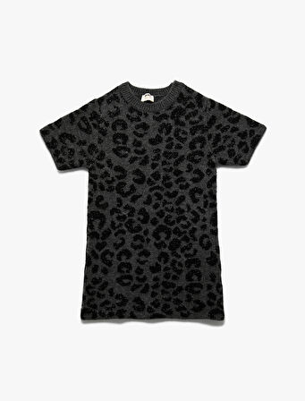 Leopar Desenli Bisiklet Yaka Kısa Kollu Triko Elbise
