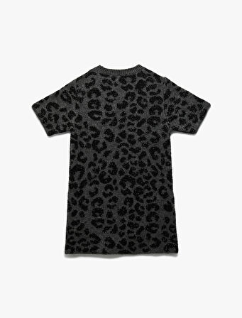 Leopar Desenli Bisiklet Yaka Kısa Kollu Triko Elbise